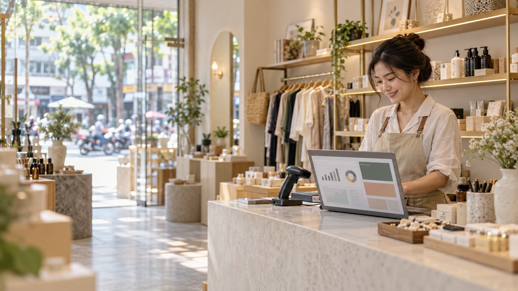 Minh họa chủ cửa hàng sử dụng hệ thống bán hàng tại quầy